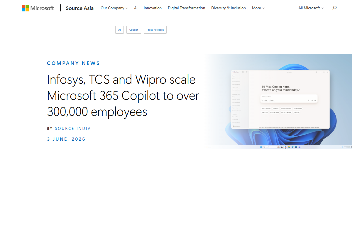 Microsoft meldet ueber 300.000 Copilot-Sitze: Infosys, TCS und Wipro skalieren im Rekordtempo