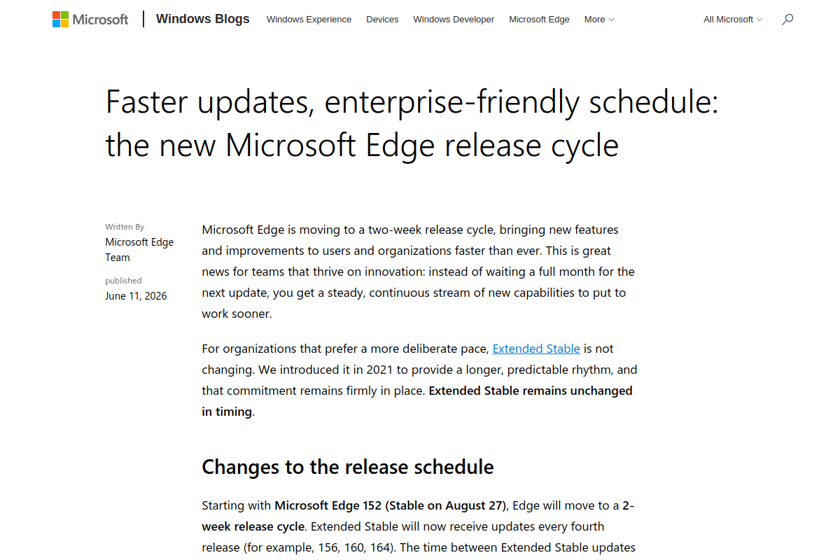 Microsoft Edge wird schneller aktualisiert: Neuer Zwei-Wochen-Rhythmus startet Ende August