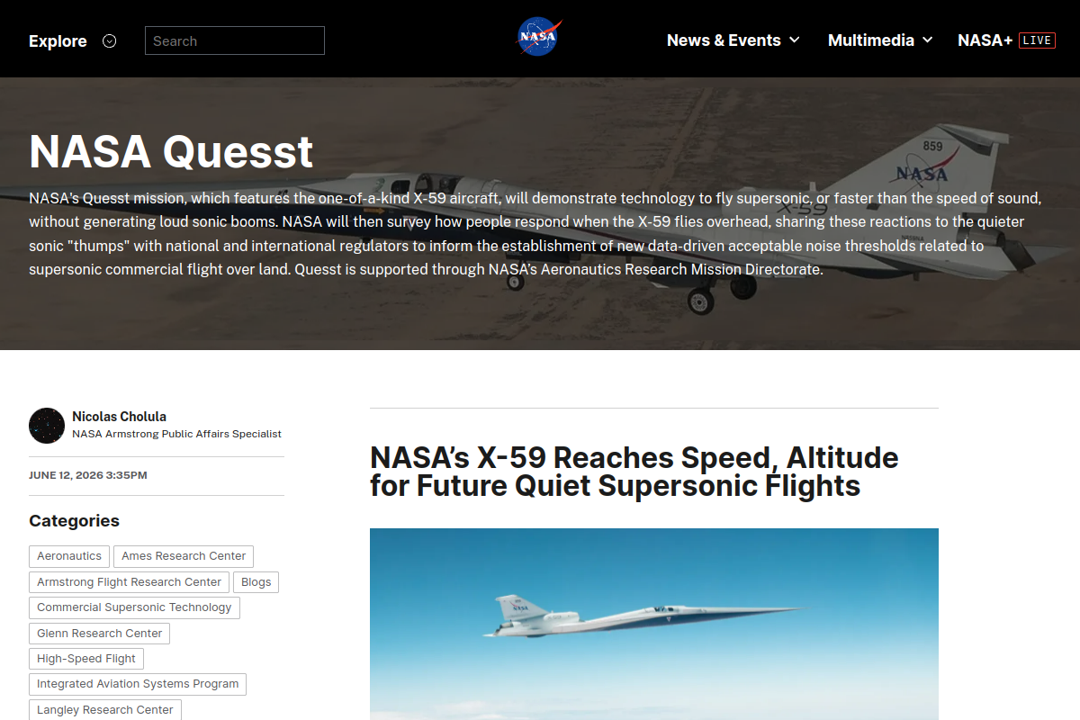 NASA bringt den X-59 auf Missionskurs: Leiser Ueberschalljet erreicht erstmals Mach 1,4